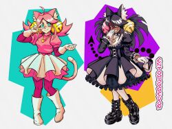  2girls ahoge animal_ears artist_name bell bell_ear_ornament black_dress black_hair boots cat_ears cat_girl cat_tail collar commentary dark_skin deltarune dress english_commentary entomaggedon friend_(deltarune) gloves gold_bell gothic_lolita green_eyes hair_bell hair_ornament hand_on_own_face hand_to_own_mouth hand_up heart heart_locket heart_necklace heart_pendant heterochromia highres jewelry locket lolita_fashion long_sleeves mad_mew_mew magical_girl multiple_girls necklace pantyhose pendant pink_eyes pink_frills pink_pantyhose sidelocks smile spiked_boots spiked_collar spikes tail teeth tutu twintails utdr_(toby_fox) v white_background white_boots white_gloves white_pantyhose yellow_eyes 