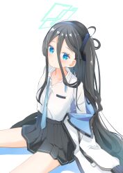  1girl absurdres aqua_halo aris_(blue_archive) black_hair black_hairband black_skirt blue_archive blue_eyes blue_necktie blush closed_mouth collarbone collared_shirt commentary cowboy_shot double-parted_bangs dress_shirt hair_between_eyes hair_over_shoulder hairband halo highres jacket jacket_partially_removed kanikama_acedia long_hair long_hair_between_eyes long_sleeves looking_at_viewer miniskirt necktie one_side_up open_clothes open_jacket pleated_skirt rectangular_halo school_uniform shadow shirt sitting skirt solo undone_necktie very_long_hair white_jacket white_shirt 