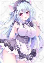  1girl absurdres animal_ear_fluff animal_ears apron black_bow black_bowtie black_dress black_hairband blue_hair blush bow bowtie breasts cat_ears cat_girl commentary contrapposto cowboy_shot dress frilled_apron frilled_hairband frills hair_between_eyes hairband highres large_breasts long_hair looking_at_viewer maid maid_headdress nekoboshi_yuki open_mouth original sleeveless sleeveless_dress solo untranslatable_commentary very_long_hair violet_eyes waist_apron white_apron white_bow 