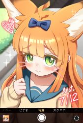 1girl absurdres ahoge alternate_costume animal_ears annotated arknights arrow_(symbol) blue_bow blue_sailor_collar blunt_bangs blush bow brown_hair cat_ears cat_girl closed_mouth collarbone commentary drawn_whiskers english_commentary fake_phone_screenshot fake_screenshot green_eyes hair_bow hand_up heart highres long_hair looking_at_viewer papyrus_(arknights) sailor_collar school_uniform single_sleeve_past_wrist solo sparkle sweater th3cr0ma translated yellow_sweater 