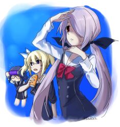  3girls arimura_hinae blonde_hair blue_eyes blue_hair candy chaos;child closed_eyes commentary_request dress efunohitof4 fang food food_in_mouth glasses hekiho_academy_school_uniform highres hot kazuki_hana lollipop lollipop_in_mouth minamisawa_senri multiple_girls no_jacket parted_lips pink_hair red_eyes sailor_collar school_uniform science_adventure shirt skin_fang sleeveless sleeveless_dress sleeves_rolled_up sweat sweatdrop teeth twintails white_shirt 
