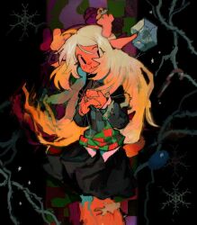  1girl animal_ears antlers black_background black_eyes black_skirt black_sleeves blonde_hair checkered_sweater_vest commentary deer_antlers deer_ears deer_girl deltarune english_commentary furry furry_female horns ice ice_cube jewelry long_hair noelle_holiday plant ring shirt skirt snowflakes solo soumenhiyamugi thorn_ring_(deltarune) utdr_(toby_fox) vines weird_route_(deltarune) white_shirt 