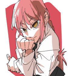  1girl black_pants brown_eyes chainsaw_man commentary_request head_on_hand long_hair looking_at_viewer makima_(chainsaw_man) necktie pants red_hair shino_(2919) shirt simple_background white_shirt 