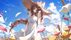  1girl absurdres braid braided_ponytail brown_feathers brown_hair dress feather_hair_ornament feathers flower grey_eyes hair_between_eyes hair_ornament harasaki hat heterochromia highres indie_virtual_youtuber kumi_(vtuber) long_hair orange_eyes pointy_ears scar scar_across_eye scar_on_face solo squirrel sun_hat very_long_hair virtual_youtuber white_dress 