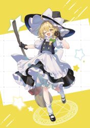  1girl apron back_bow black_gloves black_hat black_shoes black_skirt black_vest blonde_hair bow braid broom commentary_request frilled_skirt frills full_body gloves green_bow hair_bow hat hat_bow highres holding holding_broom jill_07km kirisame_marisa long_hair magic_circle mary_janes one_eye_closed open_mouth puffy_short_sleeves puffy_sleeves second-party_source shoes short_sleeves side_braid single_braid skirt smile socks solo star_(symbol) touhou vest waist_apron white_apron white_bow white_socks witch_hat yellow_eyes 