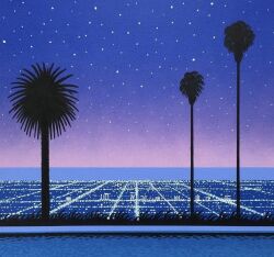  city_lights cityscape commentary_request highres hiroshi_nagai horizon jpeg_artifacts night no_humans ocean original outdoors palm_tree sky star_(sky) starry_sky traditional_media tree water 