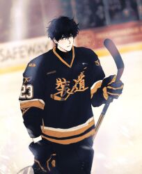  1boy black_eyes black_hair choi_jongsu garbage_time highres hockey_gloves hockey_stick hockey_sweater hockey_uniform holding_hockey_stick indoors lower_eyelashes_only male_focus number_print short_hair sketch stadium ununtied 