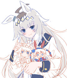  absurdres ahoge animal_ears blue_eyes blue_hairband blue_jacket blue_sailor_collar blush character_doll closed_mouth commentary_request doll ear_ornament grey_hair hair_between_eyes hairband headband highres holding holding_doll horse_ears horse_girl jacket long_hair long_sleeves mokuroo multicolored_hairband neckerchief oguri_cap_(starlight_beat)_(umamusume) oguri_cap_(umamusume) red_headband red_neckerchief sailor_collar shirt simple_background skirt smile striped_clothes striped_hairband tamamo_cross_(fast_as_lightning)_(umamusume) tamamo_cross_(umamusume) two-tone_hairband umamusume white_background white_jacket white_shirt 