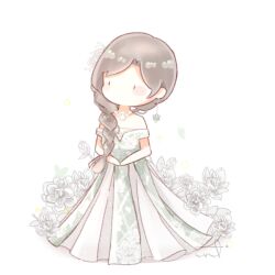  1girl bare_arms bead_necklace beads black_eyes blunt_ends blush_stickers braid brown_hair bug butterfly chibi chinese_commentary commentary_request dangle_earrings dress earrings expressionless floral_background flower flower_earrings flower_necklace gleaming_vines_(shining_nikki) gown green_butterfly green_dress hair_over_shoulder hands_on_lap interruption_(echo-023) jewelry layered_dress long_hair necklace nikki_(series) no_mouth off-shoulder_dress off_shoulder own_hands_together shadow shining_nikki short_sleeves signature single_braid solid_oval_eyes solo standing very_long_hair white_background white_dress white_flower 