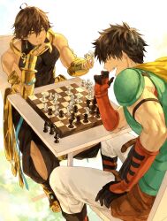  2boys ahoge arash_(fate) armlet armor board_game brown_hair chair chess chess_piece chessboard closed_eyes commentary dark-skinned_male dark_skin earrings elbow_on_table english_commentary fate/grand_order fate_(series) gloves hair_between_eyes highres holding holding_chess_piece jewelry male_focus multiple_boys on_chair open_mouth ozymandias_(fate) pants playing_chess shirt short_hair sitting sleeveless sleeveless_shirt smile table to_yam_a toned toned_male white_background yellow_eyes 