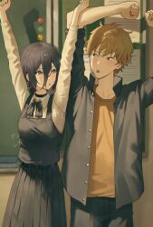  1boy 1girl absurdres arms_up black_choker black_dress black_hair black_jacket black_pants black_ribbon black_skirt blonde_hair blush breasts brown_eyes chainsaw_man chalkboard choker classroom collared_shirt commentary_request denji_(chainsaw_man) dress gakuran green_eyes hair_between_eyes hair_bun highres indoors jacket long_sleeves looking_at_another neck_ribbon open_clothes open_jacket open_mouth orange_shirt pants pinafore_dress pleated_skirt reze_(chainsaw_man) ribbon school_uniform shirt short_hair single_hair_bun skirt sleeveless sleeveless_dress suumon tongue tongue_out v-shaped_eyebrows white_shirt yellow_shirt 