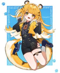  1girl animal_ear_fluff animal_ears black_shorts blue_background blue_shoes blush border bow claw_pose colored_inner_hair commentary_request fang green_eyes high-waist_shorts highres jacket ju_fufu long_hair looking_at_viewer midair multicolored_hair open_mouth samon_(vxxr8575) shoes shorts solo striped_fur striped_hair tail tail_bow tail_ornament thigh_strap tiger_ears tiger_girl tiger_stripes tiger_tail white_border yellow_jacket zenless_zone_zero 
