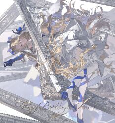  1girl blonde_hair blue_eyes blue_ribbon blue_shoes chinese_commentary commentary_request commission detached_sleeves dress elbow_gloves gloves happy_birthday highres long_hair original picture_frame poppy_yuu ribbon shoes thigh-highs two-tone_veil veil white_dress white_thighhighs 