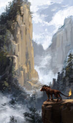  1boy art_study bangle bracelet china clouds cloudy_sky environment_study fiery_tail final_fantasy final_fantasy_vii fire from_behind jewelry kenket mountain no_humans red_fur red_xiii sky solo speedpaint tail tree 