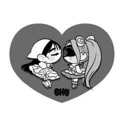  2girls alien_stage chibi chibi_only closed_eyes dress facing_another greyscale heart highres long_hair mizi_(alien_stage) monochrome multiple_girls sua_(alien_stage) tbr_osabu twintails yuri zombie_stage 