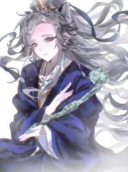  1girl absurdres aotsuki_eito blue_ribbon chinese_clothes chinese_commentary commentary_request crown genderswap genderswap_(mtf) grey_hair hair_ribbon hands_up highres liningne long_hair looking_at_viewer ribbon smile solo the_hundred_line_-last_defense_academy- very_long_hair violet_eyes white_background 