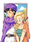  1boy 1girl armlet belt bianca_(dq5) black_eyes black_hair blonde_hair blue_eyes blush braid cape character_name closed_mouth clouds collarbone couple cowboy_shot dated defense_zero dragon_quest dragon_quest_v dress green_dress hair_over_shoulder hero_(dq5) hetero long_hair looking_to_the_side official_style orange_cape purple_cape single_braid sky standing toriyama_akira_(style) turban twitter_username v_arms white_tunic 