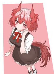  1girl absurdres adapted_costume animal_ears arknights bird_ears bird_girl bird_tail black_dress breasts bright_pupils dress eggplant7217 fiammetta_(arknights) hand_up highres looking_at_viewer medium_breasts neck_ribbon pink_background pink_nails red_eyes red_hair red_ribbon ribbon short_hair short_sleeves simple_background solo standing tail white_pupils 
