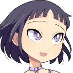  1girl black_hair blunt_bangs blush bright_pupils choker commentary_request hospital_king iguchi_akari looking_to_the_side open_mouth portrait purple_choker short_bangs short_hair simple_background smile solo violet_eyes watashi_ga_motenai_no_wa_dou_kangaetemo_omaera_ga_warui! white_background white_pupils 