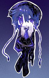  1girl beret black_boots black_hat black_skirt blue_hair boots cable chicken_salad_(8ntasjmpkm90039) commentary full_body gradient_background half-closed_eye hat highres looking_at_viewer melting miniskirt necktie outline purple_necktie short_hair skirt solo untranslatable_commentary utane_uta utau violet_eyes white_outline 