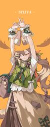  1girl :3 absurdres animal_ear_fluff animal_ears arms_up bag blending brown_hair character_request closed_eyes commentary copyright_request green_neckerchief hat highres long_hair neckerchief orange_eyes outstretched_arms shisantian short_sleeves shoulder_bag untranslatable_commentary wrist_cuffs 