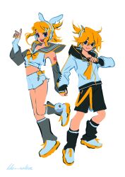  1boy 1girl absurdres black_sailor_collar blonde_hair blue_eyes bow bowtie brother_and_sister commentary consistent_voice9035 english_commentary grey_leg_warmers grey_sailor_collar grey_sleeves headphones highres kagamine_len kagamine_len_(nt) kagamine_rin kagamine_rin_(nt) leg_warmers neckerchief necktie piapro_studio ponytail sailor_collar sailor_jacket short_ponytail shorts siblings simple_background twins vocaloid white_background white_shorts wing-shaped_bow yellow_bow yellow_bowtie yellow_neckerchief yellow_necktie z_hair_ornament 