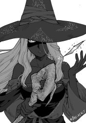  1girl bare_shoulders bee_n_k_t black_skin collarbone colored_eyelashes colored_skin commentary crystal curtained_hair elden_ring elden_ring_nightreign fingernails gameplay_mechanics grey_eyes grey_hair greyscale hat holding holding_staff large_hat long_hair mage_staff monochrome parted_lips recluse_(elden_ring) signature solo staff twitter_username upper_body white_background white_eyelashes wide_sleeves witch witch_hat 