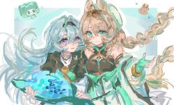  2girls absurdres amiya_(arknights) animal_ear_fluff animal_ears aphrissa_(arknights) arknights bare_shoulders black_hairband blonde_hair braid cat_ears cat_girl chinese_commentary closed_mouth commentary_request crossover detached_sleeves fingerless_gloves firefly_(honkai:_star_rail) gloves green_eyes grey_hair hair_between_eyes hair_intakes hairband hat highres honkai:_star_rail honkai_(series) long_hair long_sleeves looking_at_viewer multiple_girls open_mouth shensheng_jinse_chuanshuo_da_nai_long smile twin_braids violet_eyes white_hat 