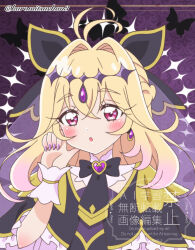  1girl :o antenna_hair black_bow black_bowtie black_capelet black_dress blonde_hair blush bow bowtie braid brooch bug butterfly butterfly_background capelet commentary crossed_bangs cure_arcana_shadow curled_fingers diamond_hairband dress earrings fingernails forehead_jewel frilled_capelet frills gem gold_trim gradient_hair hair_between_eyes hair_bow hair_intakes hairband half_up_braid hand_up heart heart_brooch heart_in_eye highres jewelry kuromitsu_(963kuromi) long_hair looking_at_viewer magical_girl meitantei_precure! moria_luluka multicolored_hair nail_polish open_mouth pink_eyes pink_hair precure purple_background purple_gem purple_nails purple_veil raised_eyebrows sleeveless sleeveless_dress solo split_mouth symbol_in_eye teardrop_earrings thick_eyebrows twitter_username two-tone_hair upper_body veil watermark white_wrist_cuffs wrist_cuffs 