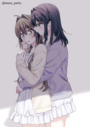  2girls black_hair blush brown_hair cardigan commentary dress green_eyes hair_intakes hand_on_another's_face hug hug_from_behind long_hair multiple_girls original parted_lips purple_cardigan shade surufuji sweat white_dress yellow_cardigan yuri 