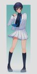  1girl absurdres black_socks blazer blue_eyes blue_hair blush earrings full_body highres jacket jewelry kneehighs loafers looking_at_viewer necktie original r-man school_uniform shoes short_hair smile socks tomboy uniform 