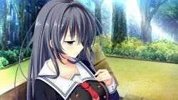  1girl :o black_eyes black_hair black_jacket braid buttons cape collarbone da_capo da_capo_v day double-breasted emblem forest from_side game_asset hair_intakes half-closed_eyes highres jacket kisaragi_yuu_(kisaragiyu) long_sleeves nature necktie non-web_source official_art on_bench open_mouth outdoors profile red_necktie sailor_collar school_uniform side_braid sitting sleeve_cuffs tokisaka_yukina visual_novel_cg white_sailor_collar 