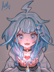  1girl ahoge azuma_(azmdraw) black_choker blue_bow blue_eyes blue_hair blue_shirt bow braid choker commentary_request crossed_bangs dot_nose english_commentary glowing_heart grey_background hair_bow hair_flaps hair_ornament hairclip hands_up heart highres hololive hololive_dev_is hood hood_down hooded_jacket jacket lightning_ahoge long_hair long_sleeves looking_at_object looking_down low_twin_braids mixed-language_commentary mizumiya_su mizumiya_su_(1st_costume) multicolored_hair o-ring o-ring_choker open_hands open_mouth parallel_hairclips pink_streaks print_shirt raised_eyebrows shirt signature simple_background smile solo streaked_hair twin_braids two-tone_hair upper_body virtual_youtuber white_jacket x_hair_ornament 