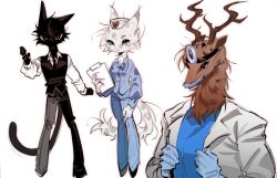  1girl 2boys animal_hospital_(roblox) antlers black_fur black_vest body_fur brown_fur cat_boy cat_girl clipboard commentary_request deer_boy doctor dr._harlow furry furry_female furry_male gloves gun hat head_mirror head_nurse_(animal_hospital) holding holding_clipboard holding_gun holding_weapon horns korean_commentary latex latex_gloves looking_at_viewer mask mouth_mask multiple_boys nurse nurse_cap pasta_nom roblox secret_agent_(animal_hospital) simple_background surgical_mask tail vest weapon white_background white_fur 