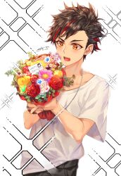  1boy black_hair cerise_bouquet commentary ensemble_stars! flower flower_request happy_birthday highres jewelry kwanmaengg male_focus multicolored_hair nagumo_tetora necklace open_mouth orange_eyes pink_flower red_flower red_hair shirt short_hair short_sleeves signature smile solo sparkle streaked_hair teeth two-tone_hair upper_body upper_teeth_only white_background white_flower white_shirt yellow_flower 
