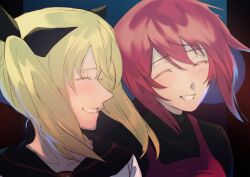  2girls arimura_hinae black_ribbon black_shirt blonde_hair blush casual chaos;child closed_eyes collared_shirt dress grin happy highres hood hoodie jimaras17 multiple_girls multiple_hair_ribbons onoe_serika pinafore_dress pink_dress pink_hair ribbon science_adventure shirt short_hair_with_long_locks sleeveless sleeveless_dress smile white_hoodie 
