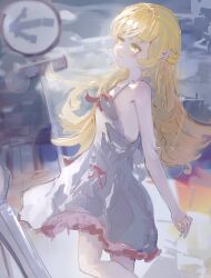  1girl absurdres arrow_(symbol) bakemonogatari blonde_hair breasts dress highres loli long_hair monogatari_(series) multicolored_dress oshino_shinobu pink_dress pointy_ears road_sign shinobusc2 sign small_breasts smile white_dress yellow_eyes 