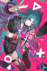  1girl aqua_hair arm_up bad_source black_boots black_nails black_shirt black_skirt boots choker controller cropped_shirt fishnet_pantyhose fishnets game_controller handheld_game_console highres indie_virtual_youtuber kieed knee_up light_blush long_hair looking_at_viewer midriff mole mole_on_cheek mole_under_eye nail_polish pantyhose pink_background sailor_collar sailor_shirt second-party_source shirt skirt solo spiked_choker spikes very_long_hair violet_eyes virtual_youtuber ziyanf 
