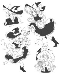  1girl apron boots bow braid broom broom_riding capelet cindy717 commentary dated full_body greyscale hair_bow hat hat_bow high_heel_boots high_heels highres jacket kirisame_marisa long_hair mini-hakkero monochrome multiple_views open_mouth side_braid single_braid skirt smile touhou upper_body vest waist_apron witch_hat 