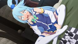  1girl aqua_(konosuba) bare_shoulders blue_choker blue_eyes blue_hair blue_shirt blue_skirt blush board_game bow bowtie brick_wall chess chess_piece chessboard choker constricted_pupils detached_sleeves dutch_angle frilled_choker frills full_body game_asset green_bow green_bowtie hair_ornament hair_rings hand_on_own_chin highres indian_style indoors king_(chess) kono_subarashii_sekai_ni_shukufuku_wo! kono_subarashii_sekai_ni_shukufuku_wo!_kono_yokubukai_game_ni_shinpan_o! long_hair looking_down no_shoes non-web_source nose_blush official_art on_bed open_mouth pawn_(chess) queen_(chess) self-datamine shirt single_hair_ring sitting skirt sleeveless sleeveless_shirt solo sphere_hair_ornament sweatdrop thigh-highs v-shaped_eyebrows white_sleeves white_thighhighs 