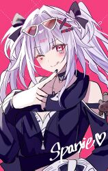  1girl :q ;q bare_shoulders black_choker black_nails black_shirt blush braid breasts butterfly-shaped_pupils character_name choker commentary_request double-parted_bangs eyewear_on_head facial_mark fingernails h2o_omizu hair_ribbon head_tilt heart heart_facial_mark highres honkai:_star_rail honkai_(series) jewelry long_hair looking_at_viewer medium_breasts necklace official_alternate_costume official_alternate_hairstyle one_eye_closed pink_eyes ribbon shirt solo sparkle_(honkai:_star_rail) sparxie_(candy-coated_waves)_(honkai:_star_rail) sparxie_(honkai:_star_rail) stuffed_animal stuffed_toy sunglasses symbol-shaped_pupils teddy_bear tongue tongue_out twintails two_side_up upper_body very_long_hair white_hair 