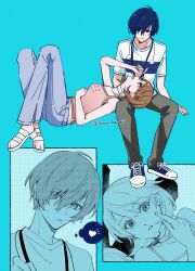  1boy 1girl bare_arms bare_shoulders blue_background blue_eyes blue_hair blue_pants blush breasts brown_eyes brown_hair camisole choker closed_mouth commentary_request couple denim digital_walkman earphones_around_neck earrings finger_to_another's_cheek flipped_hair full_body grey_pants hair_over_one_eye heart heart_choker hetero highres holding holding_mp3_player ikuya_kawaii jeans jewelry knees_up lap_pillow light_blush looking_at_another lying medium_breasts mp3_player notice_lines official_alternate_costume on_back pants parted_lips persona persona_3 persona_3_reload pink_camisole profile sandals shirt shoes short_hair sitting smile sneakers spaghetti_strap speech_bubble stud_earrings sweatdrop takeba_yukari thought_bubble twitter_username upper_body white_choker white_sandals white_shirt yuuki_makoto_(persona_3) 