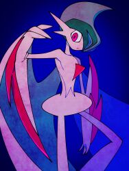  1other arm_at_side arm_blade arm_up blue_background cape colored_skin commentary_request cowboy_shot facing_to_the_side gallade green_hair high_contrast highres looking_to_the_side mega_gallade mega_pokemon mohawk pokemon pokemon_(creature) pokemon_focus red_eyes umi-be-to vignetting weapon white_cape white_skin wide_hips 