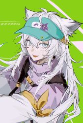  1girl animal_ears armband chinese_commentary commentary_request green_background grey_hair hair_between_eyes highres hongshan_forest_zoo jacket lappland_(arknights) long_hair long_sleeves looking_at_viewer official_alternate_costume open_mouth purple_jacket scar scar_across_eye scar_on_face sevenlistening sharp_teeth smile solo teeth upper_body visor_cap wolf_ears wolf_girl yellow_armband 