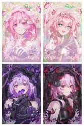  4girls alternate_costume aqua_eyes bad_id bad_twitter_id black_dress black_gloves bright_pupils bug butterfly butterfly_on_hand castorice_(honkai:_star_rail) closed_mouth commentary cyrene_(demiurge)_(honkai:_star_rail) cyrene_(honkai:_star_rail) dress evernight_(honkai:_star_rail) gloves hand_up hands_up hayun highres honkai:_star_rail honkai_(series) hyacine_(honkai:_star_rail) jewelry looking_at_viewer march_7th_(honkai:_star_rail) multiple_girls open_mouth parted_lips pink_butterfly pink_hair pointy_ears purple_butterfly purple_hair red_eyes ring smile veil violet_eyes wedding_ring white_dress white_gloves white_pupils 