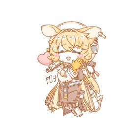  1girl :d animal_ears arknights asymmetrical_gloves black_gloves blonde_hair blush_stickers brown_dress character_name closed_eyes deformed dorothy_(arknights) dress ear_tag ears_down gloves hat long_hair long_sleeves mismatched_gloves mouse_ears mouse_girl mouse_tail simple_background smile solo tail very_long_hair white_background white_hat yatagae_(yatuno_llc) yellow_gloves 