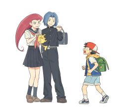  1girl 2boys aged_down alternate_universe ash_ketchum backpack backwards_hat bag bag_charm black_hair blue_eyes blue_hair blue_shorts character_charm charm_(object) earrings gakuran green_eyes hat high-waist_skirt highres holding holding_bag holding_pokemon hood hoodie jacket james_(pokemon) jessie_(pokemon) jewelry jungeol_(p_oxo7) miniskirt multiple_boys open_mouth pikachu pleated_skirt pokemon pokemon_(anime) pokemon_(creature) randoseru red_hair school_bag school_uniform serafuku short-sleeved_jacket short_sleeves shorts skirt smile stud_earrings yellow_hoodie 