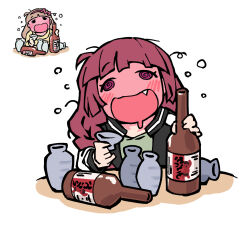  2girls @_@ alcohol black_jacket blonde_hair blunt_bangs blush bocchi_the_rock! bottle braid commentary dress drooling drunk english_commentary fang green_dress hairband hana_no_zubora_meshi highres hiroi_kikuri holding jacket komazawa_hana long_hair mouth_drool multiple_girls open_clothes open_jacket open_mouth purple_hair sake sake_bottle simple_background smile squeans waa153 white_background 