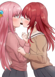  2girls blue_eyes blush bocchi_the_rock! bow bowtie breasts brown_shirt candy chocolate closed_eyes commentary cube_hair_ornament facing_another food food_in_mouth from_side gotoh_hitori grey_skirt hair_between_eyes hair_ornament hand_on_another's_waist heart heart-shaped_chocolate heart-shaped_food imminent_kiss jacket kita_ikuyo komugirakko long_hair long_sleeves looking_at_another mouth_hold multiple_girls one_side_up pink_hair pink_jacket pleated_skirt profile red_bow red_bowtie red_hair sailor_collar school_uniform serafuku shared_food shirt shuka_high_school_uniform sidelocks simple_background skirt sweatdrop sweater track_jacket valentine white_background white_sailor_collar yuri 