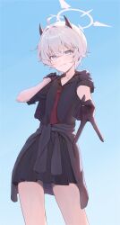  1girl bag black_bag black_gloves black_jacket black_shirt black_skirt blue_archive blue_eyes closed_mouth clothes_around_waist collared_shirt commentary_request demon_girl demon_horns erika_(blue_archive) gloves grey_hair hair_between_eyes halo highres holding holding_bag horns jacket jacket_around_waist korean_commentary looking_at_viewer necktie pleated_skirt red_necktie shirt short_hair skirt smile solo springrain_06 v 